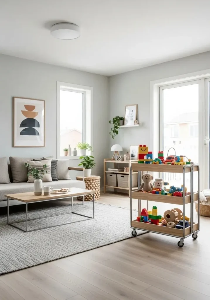 Rolling cart used for movable toy storage in living room.