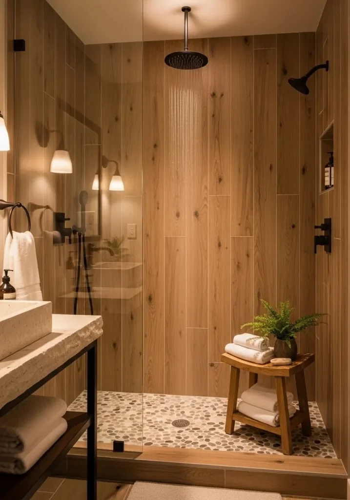 Wood-look tiles in shower adding warmth and a cozy natural bathroom feel