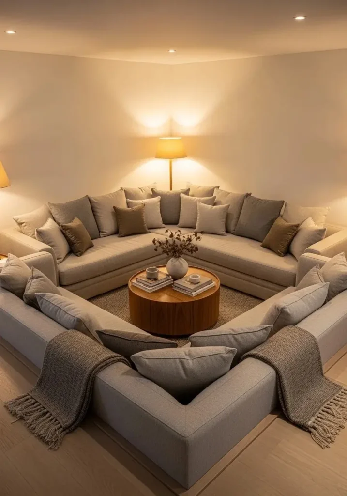 Sunken conversation pit with plush neutral seating and cozy layered cushions.