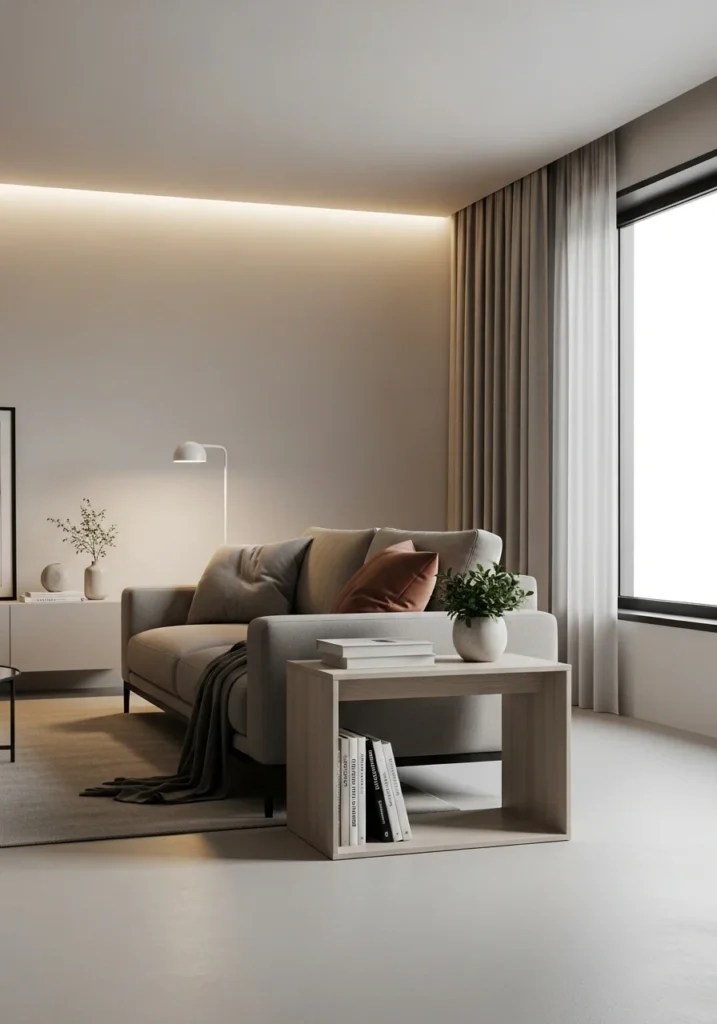 Minimalist side table creating a clean and simple living room look.