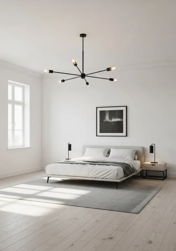 Black chandelier creating bold contrast in a light bedroom