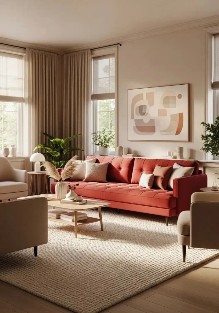Red couch grounded by a neutral textured rug in a modern space