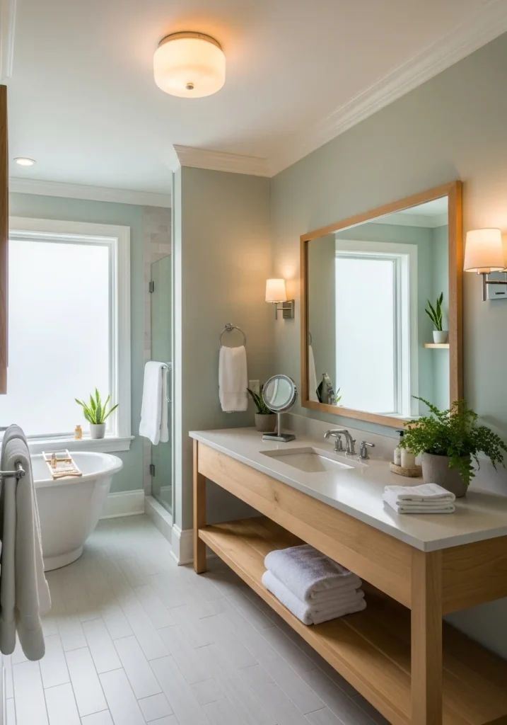 Soft sage green bathroom with white trim, wood accents, and cozy plant details creating a calm, spa-like atmosphere.