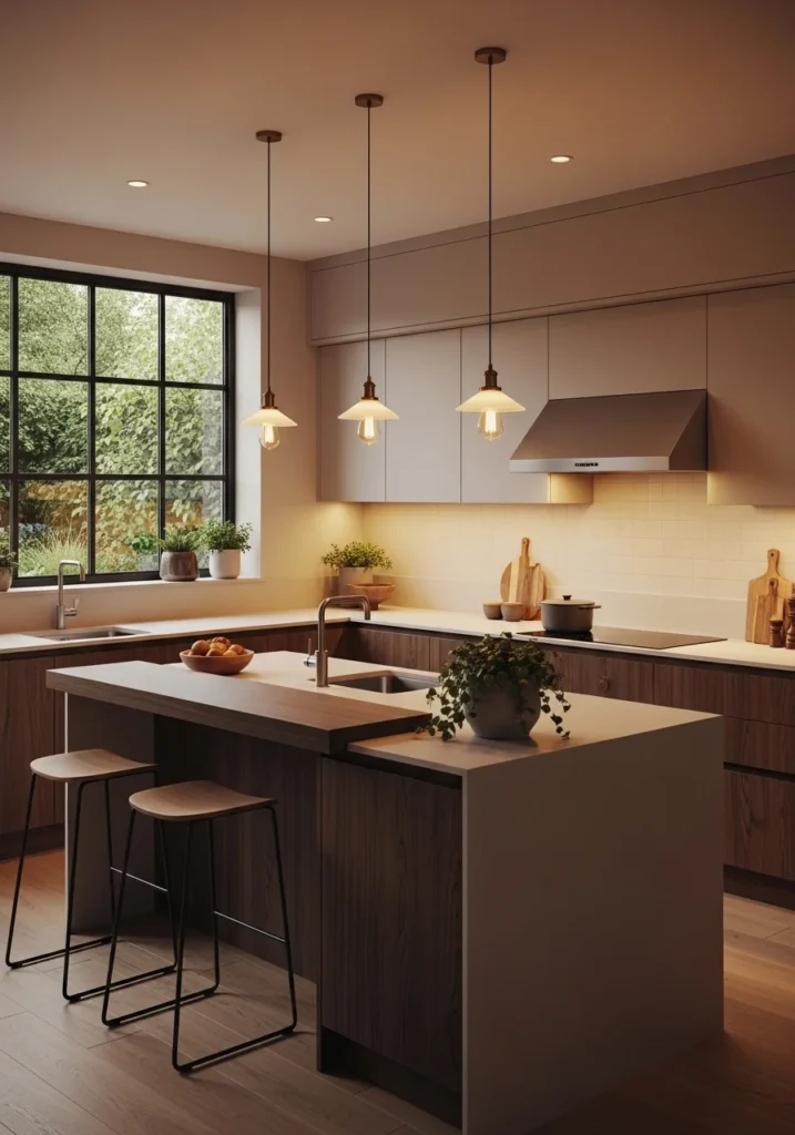 Kitchen with mixed light and dark wood cabinets, creating depth, warmth, and a dynamic visual effect.