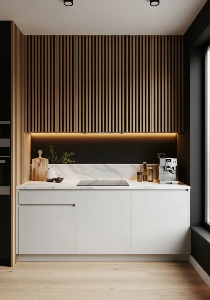 black wall kitchen backsplash with wood slats modern design