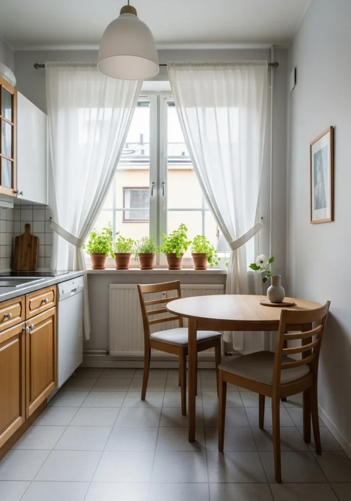 Apartment kitchen with light curtains adding softness and warmth to the space