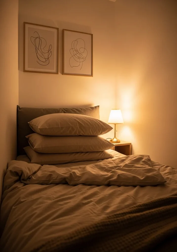 Cozy corner bed placement with layered pillows and soft neutral bedding in a small bedroom.