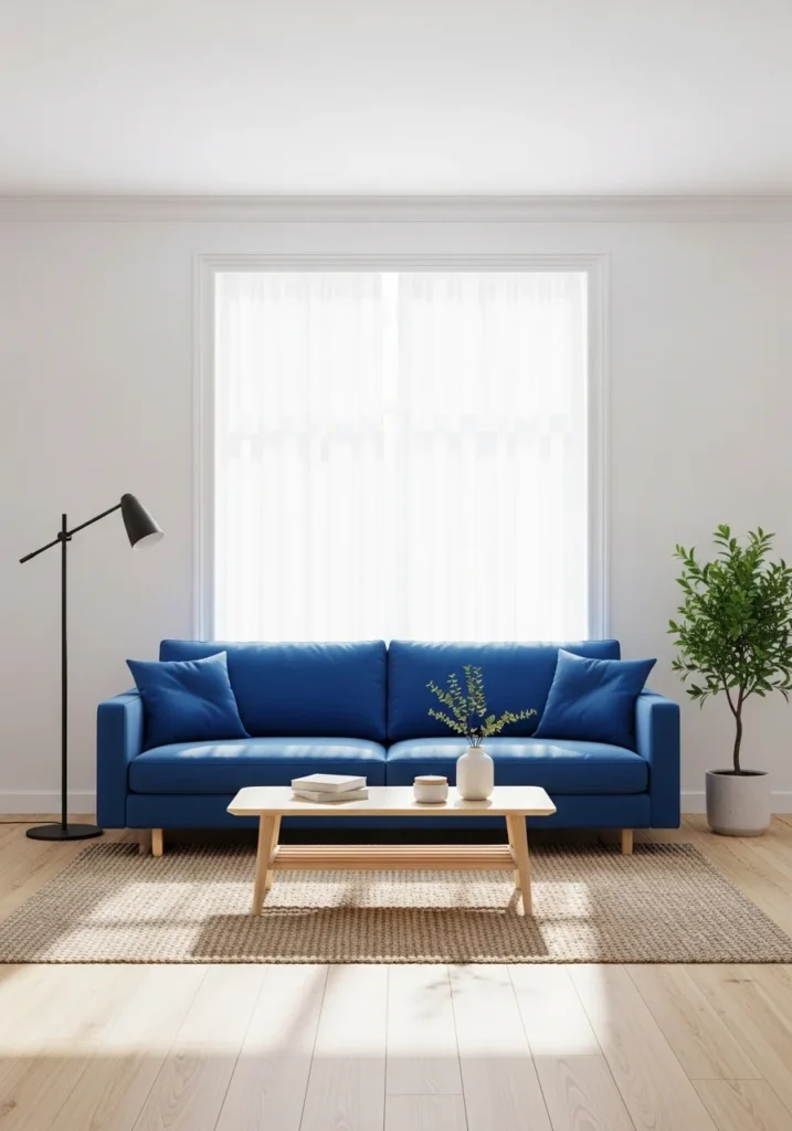 Blue sofa with white wall contrast in modern bright minimalist living room design