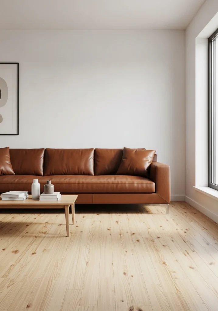 brown couch with white walls creating a bright modern living room