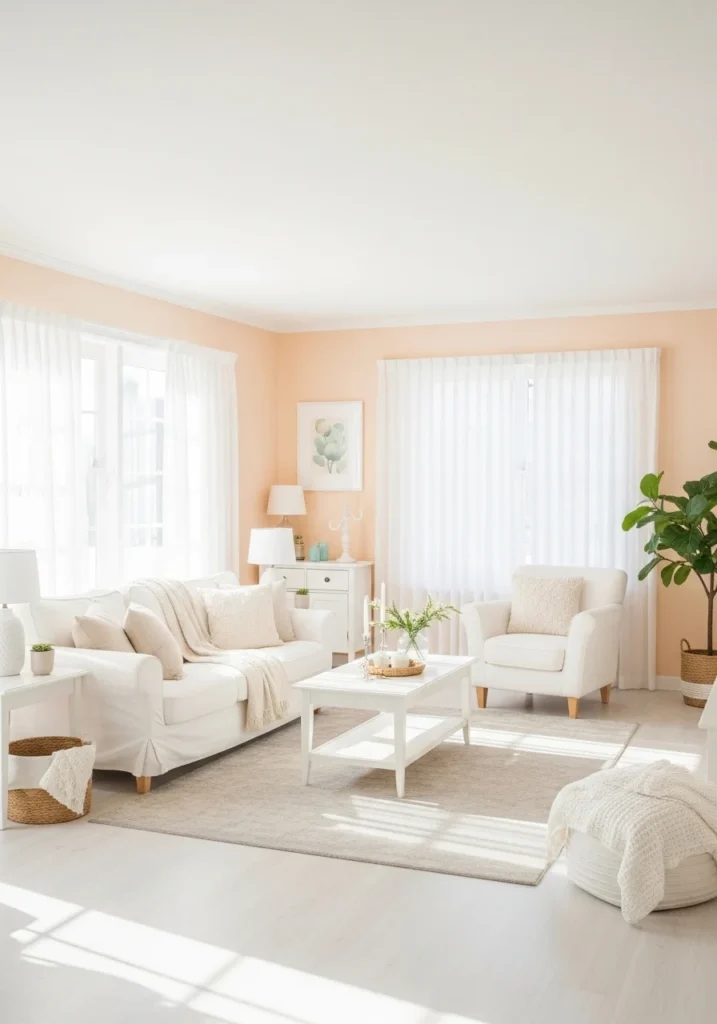Living room with pale peach walls and soft lighting creating gentle warmth.