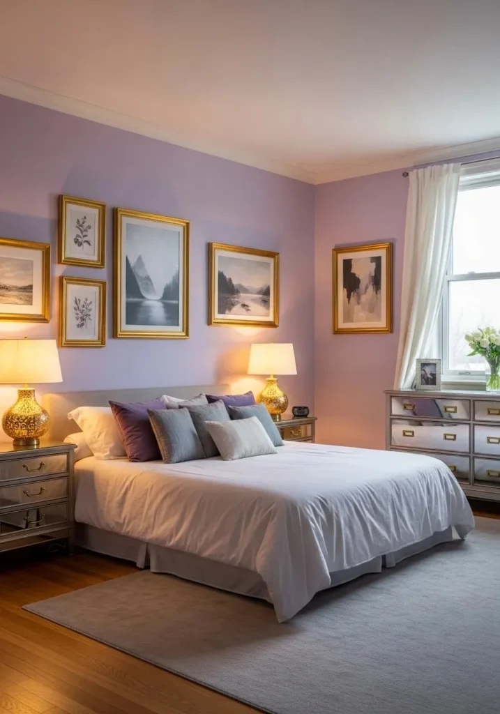 Soft lavender bedroom enhanced with subtle gold accents for elegance and warmth.