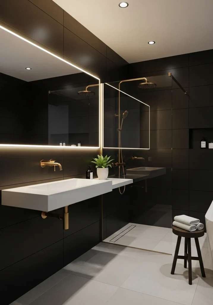 Matte black bathroom walls with brushed gold fixtures
