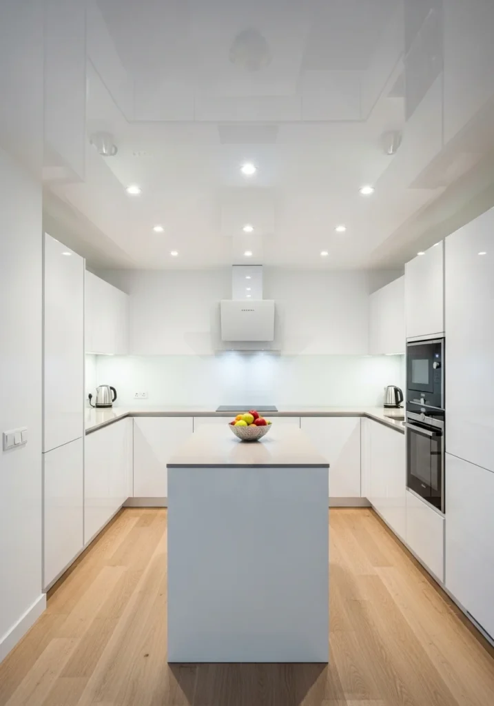 glossy kitchen ceiling reflecting light for a brighter and more open space
