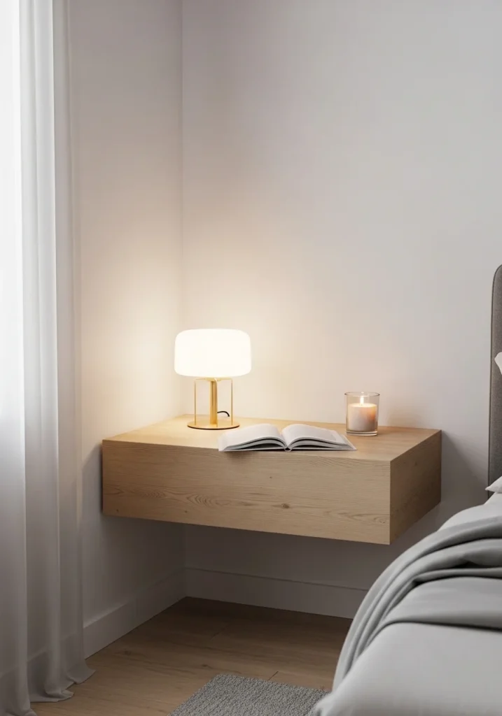 Floating nightstand in bedroom corner with lamp and minimal decor setup.