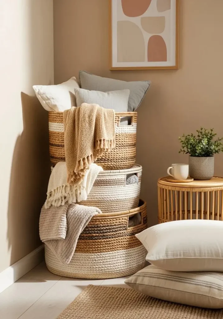 Bedroom corner with woven storage baskets used for stylish and practical organization.