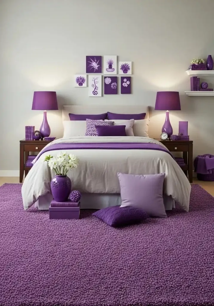 Purple accent pieces in bedroom providing small pops of color while keeping the overall palette balanced