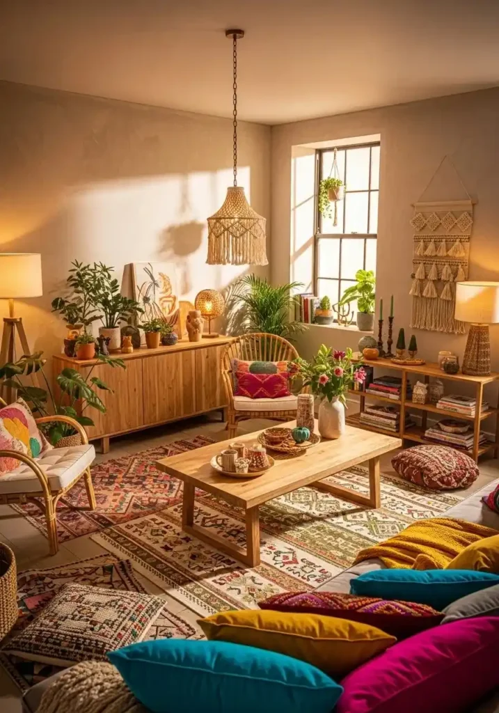Natural wood accent furniture adds warmth and organic texture to a boho living room