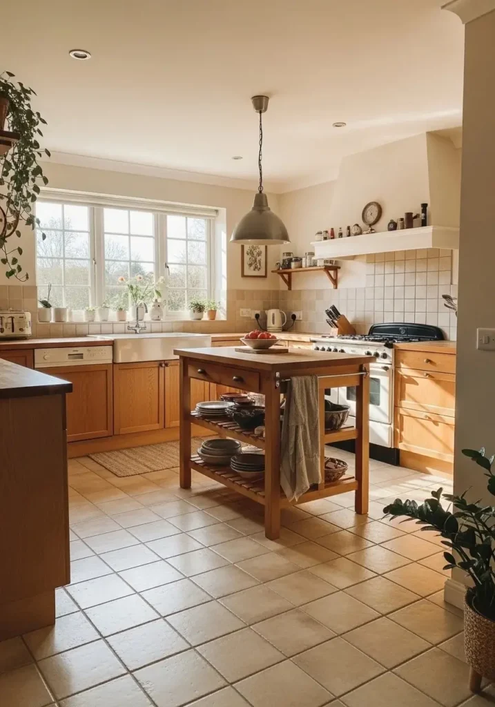Kitchen with beige tile floor creating warm and simple natural look