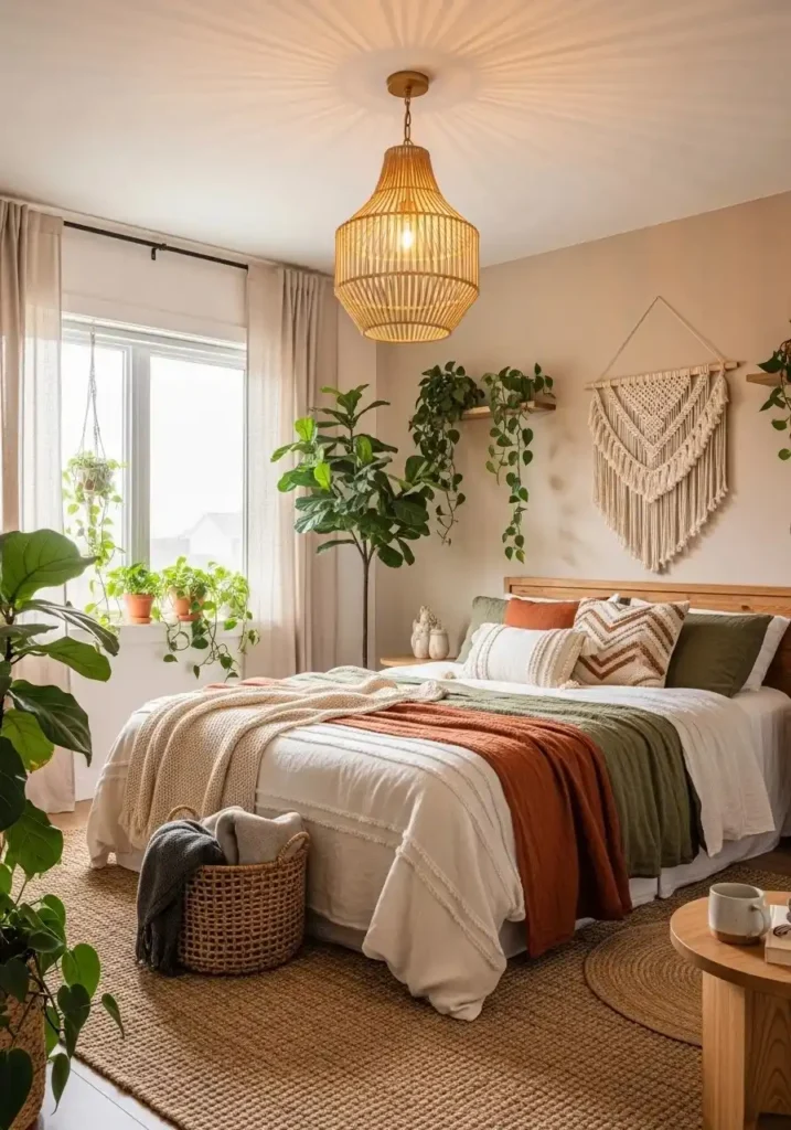 Boho rattan chandelier adding warmth and natural texture to bedroom