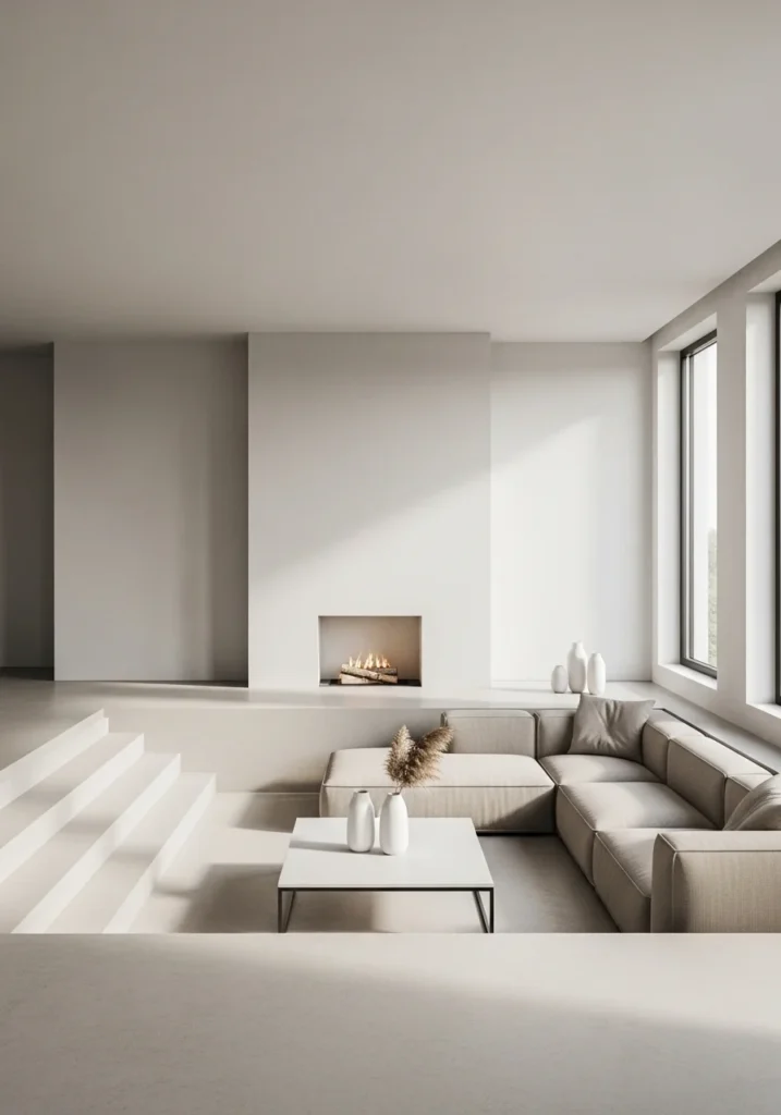 Minimalist sunken living room with neutral colors and sleek modern furniture.