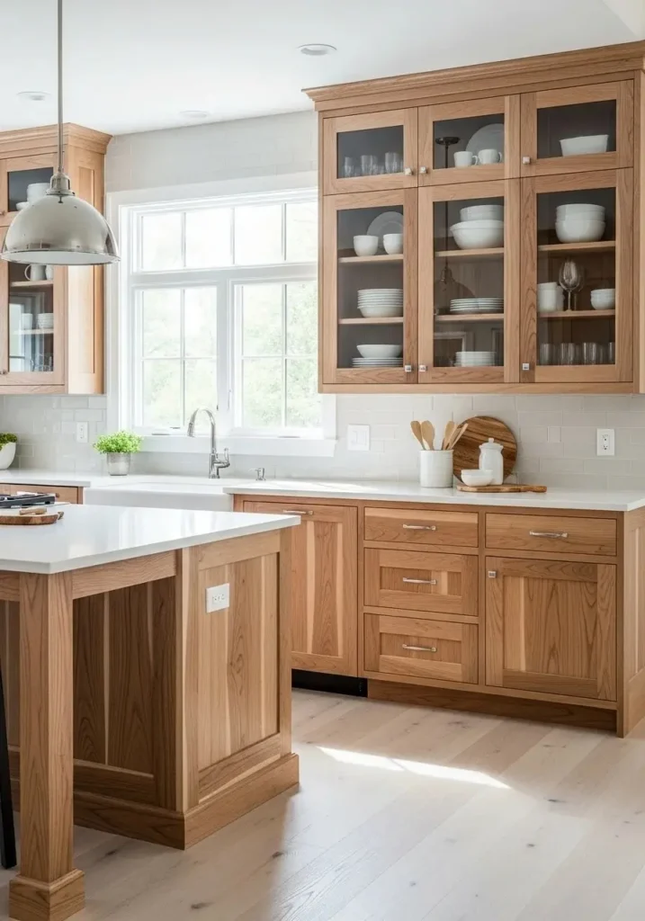 Hickory cabinets with glass doors adding openness and visual lightness