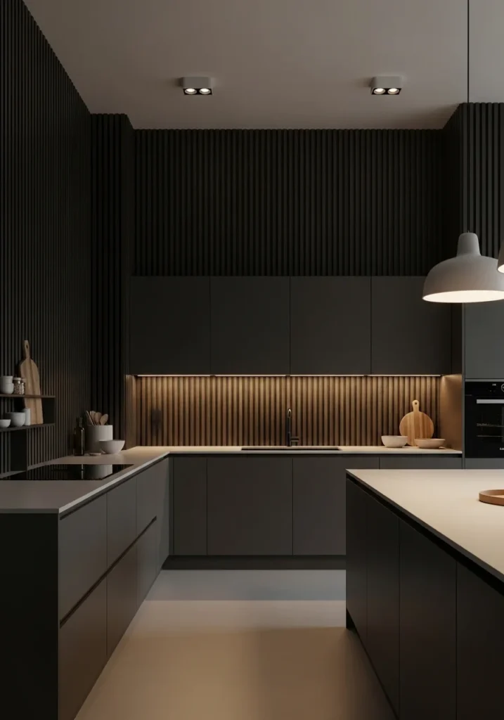 full black wall kitchen with wood slats modern luxury look
