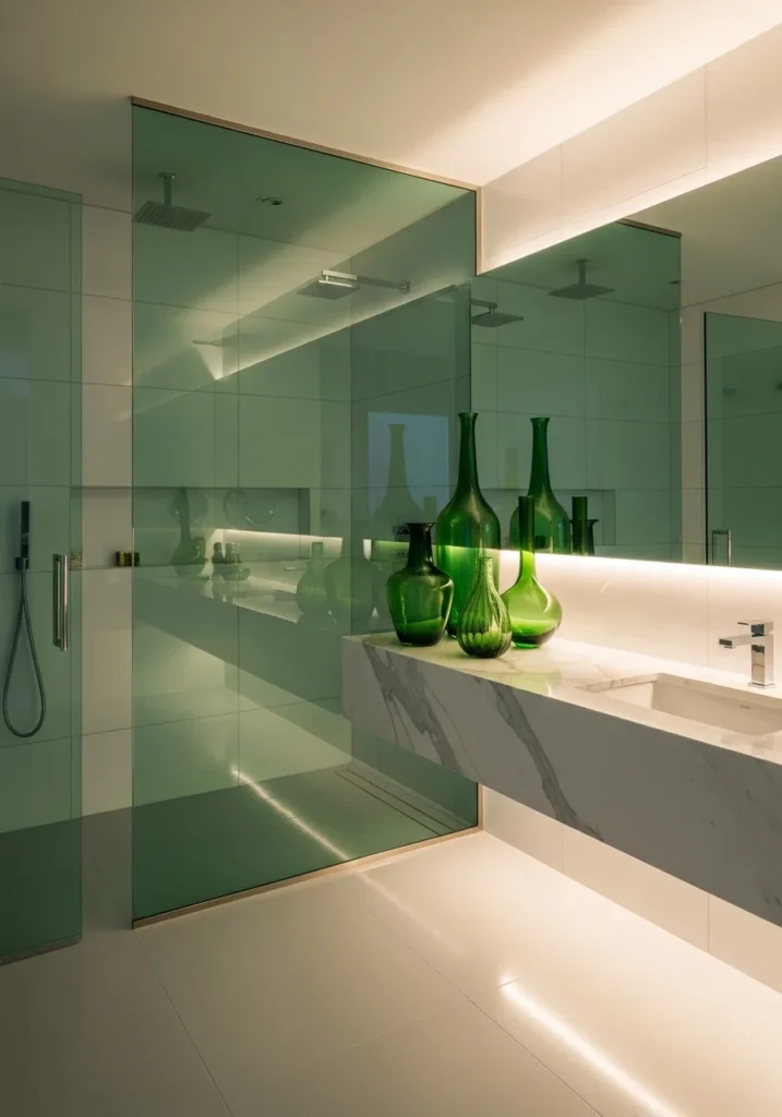 Subtle green glass accents adding depth and a refreshing sparkle to the bathroom.