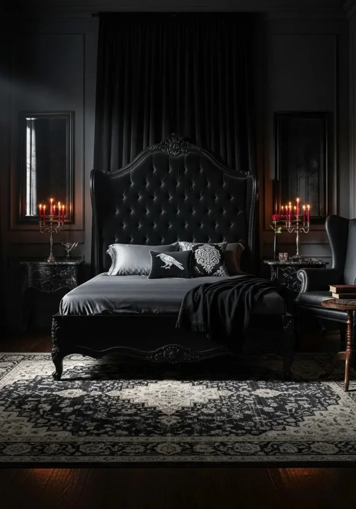Black velvet headboard creating a bold vampire bedroom focal point.