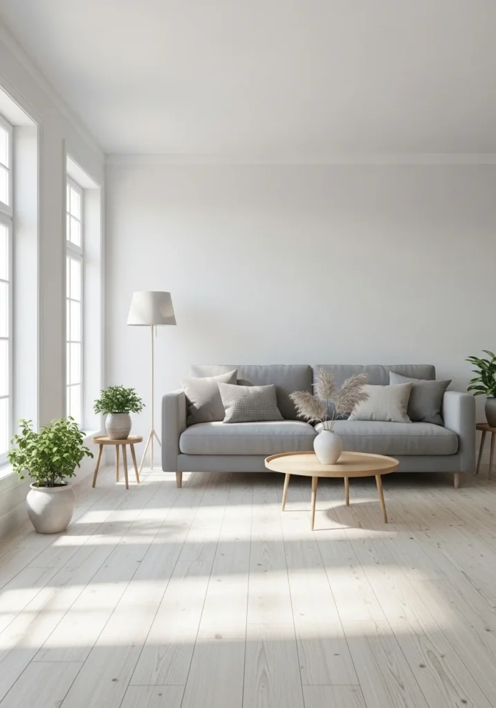 Neutral Scandinavian living room with soft calming tones