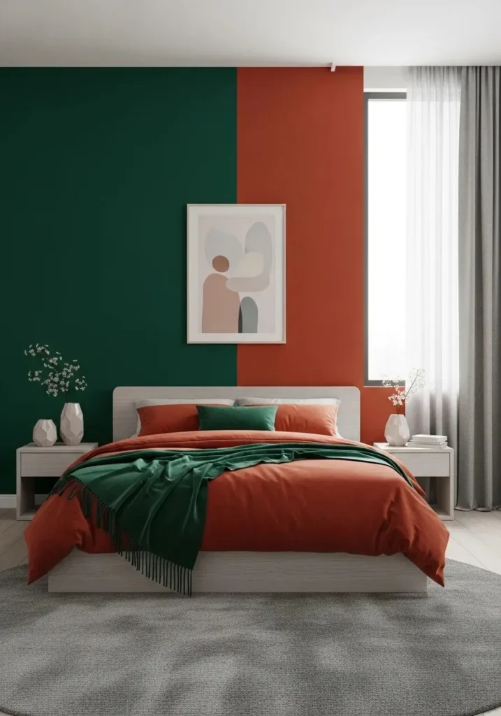 Bedroom featuring emerald and rust color blocks on walls or bedding, modern and vibrant style.