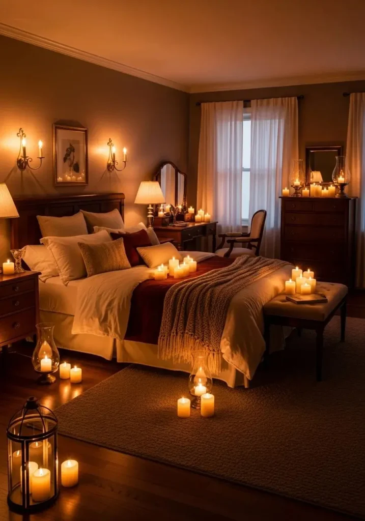 Bedroom with candle-style lighting creating a warm and relaxing mood.