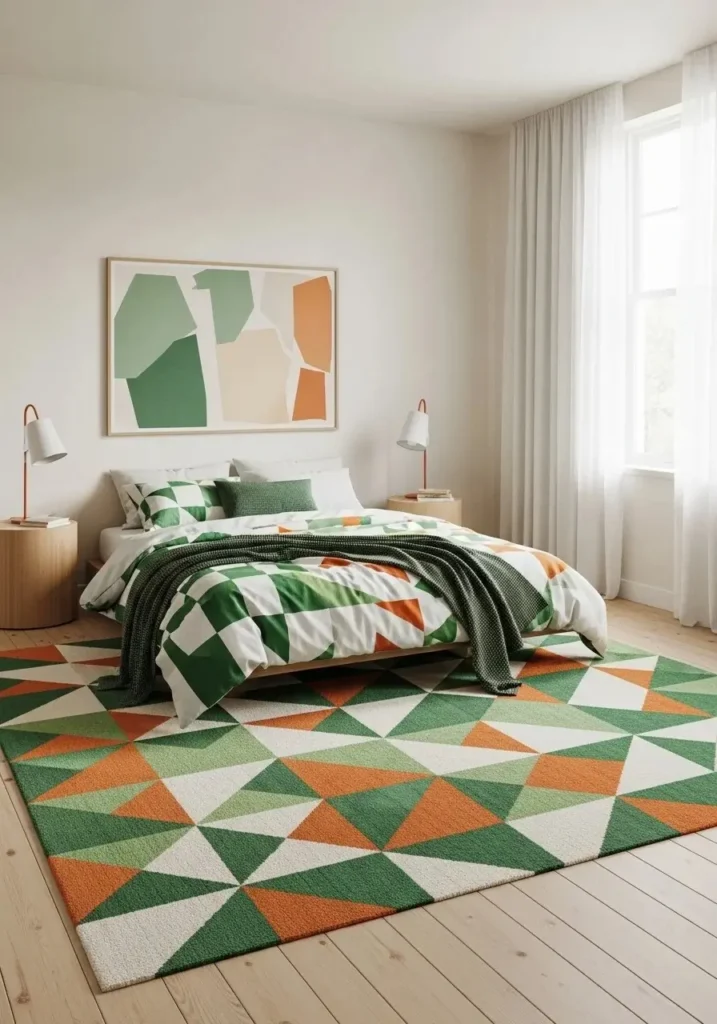Bedroom with green and orange geometric patterns on rug and bedding, clean and visually striking design.