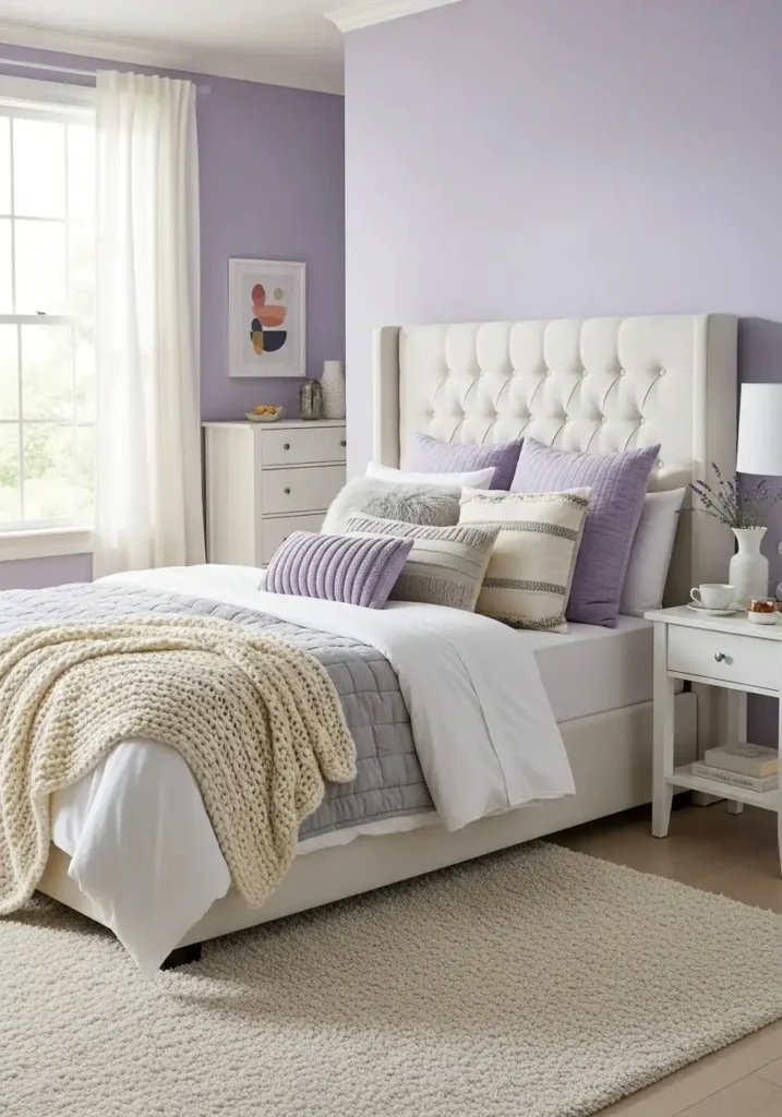 Soft lavender bedroom with white bedding and furniture, featuring layered throws and cushions for a calm, airy feel.
