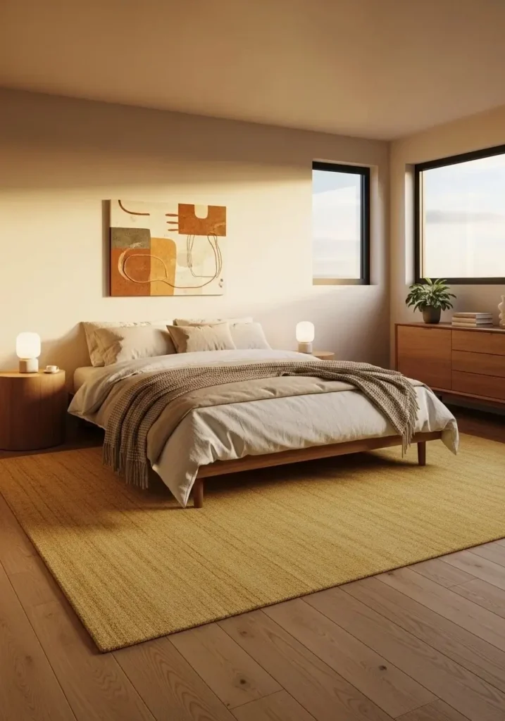 Warm yellow area rug grounding a cozy and stylish bedroom design.