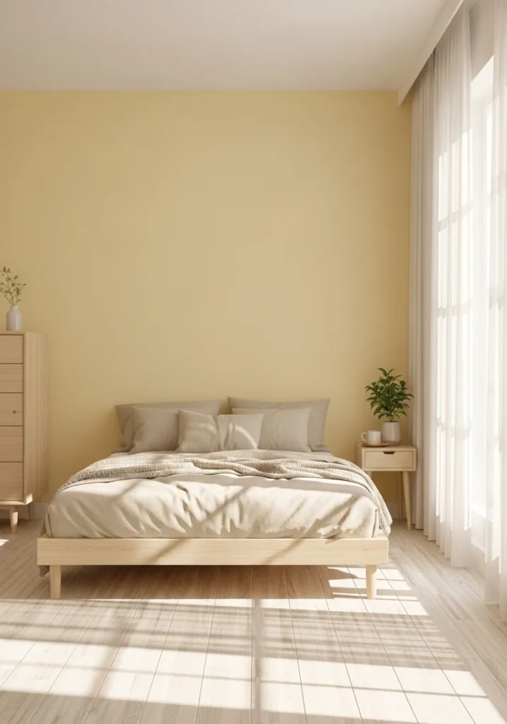 Soft yellow accent wall creating a bright, warm, and calming bedroom atmosphere.