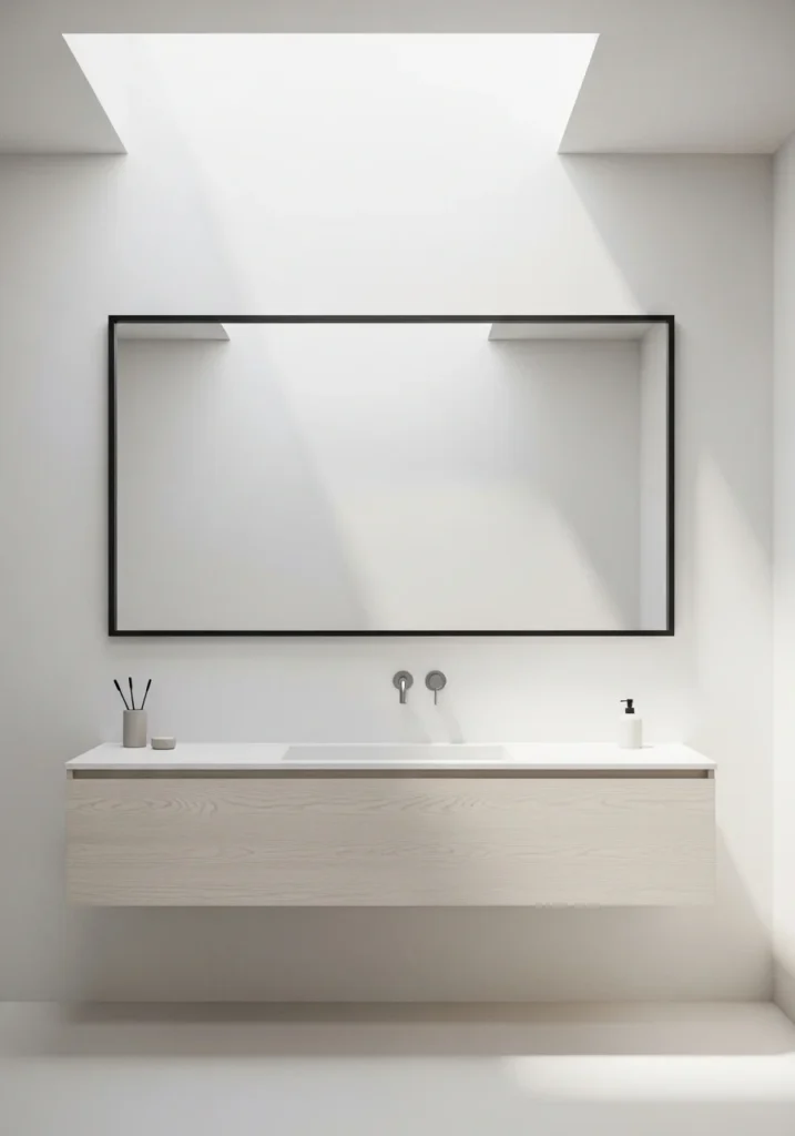 Black framed mirror in a white bathroom creating a bold focal point.