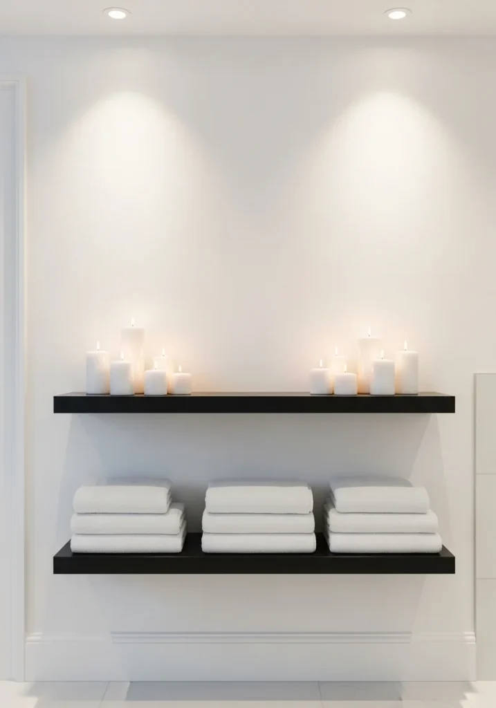 Black floating shelf in white bathroom with minimal stylish décor.