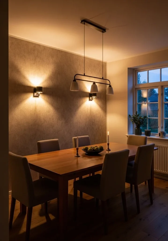 Dining room with wall sconces creating soft side glow and warm atmosphere