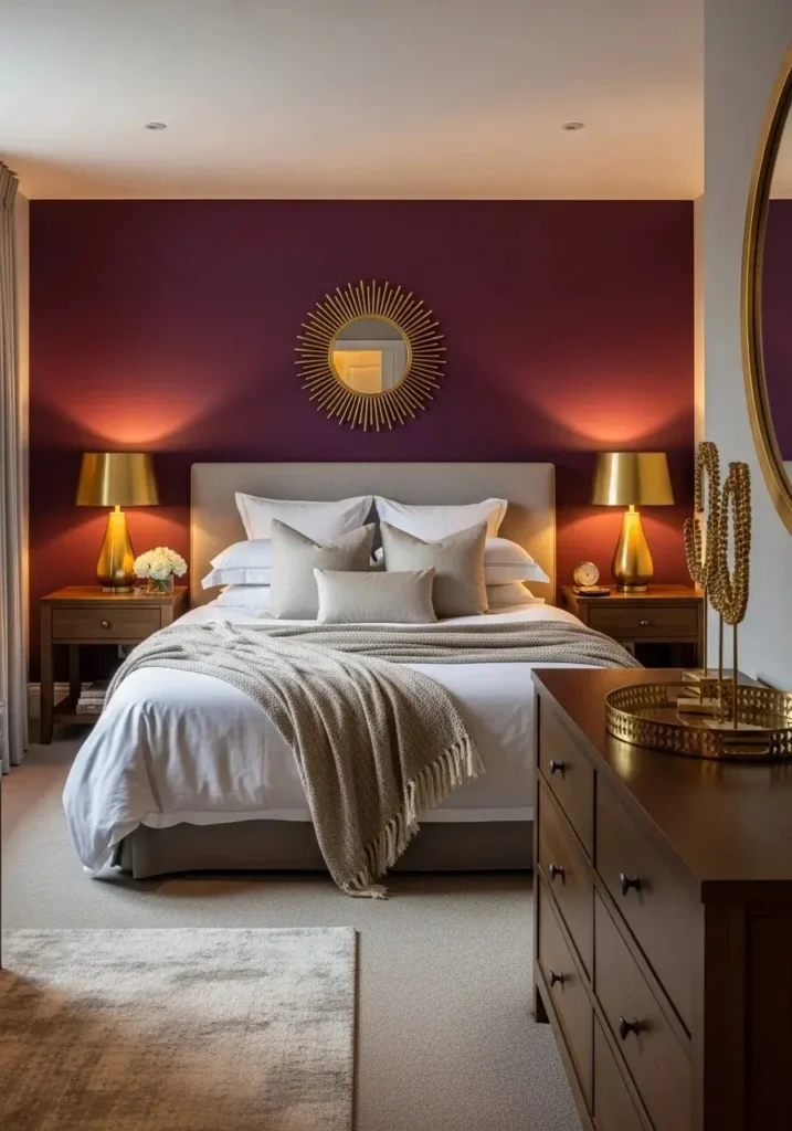 Deep plum accent wall behind bed with light bedding and metallic accents creating a cozy, elegant bedroom