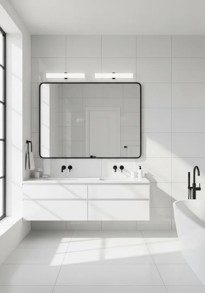 white bathroom with black accents creating a modern high contrast look