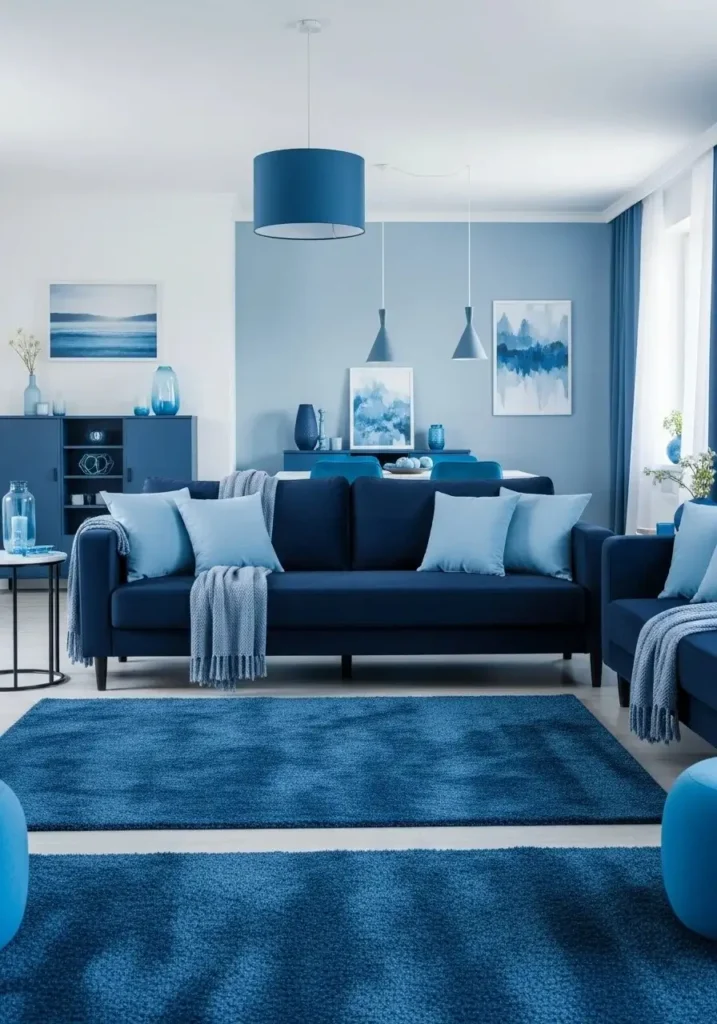 Monochrome blue couch living room with layered navy and sky blue decor tones