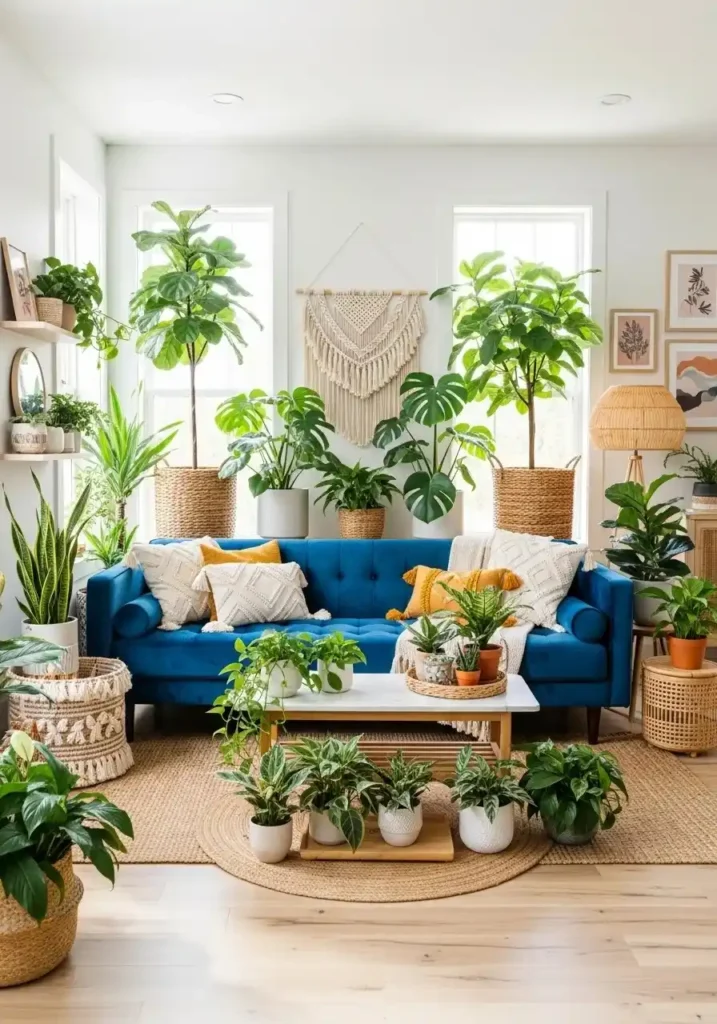 Blue couch living room with green plants, fresh natural decor, and airy modern interior style