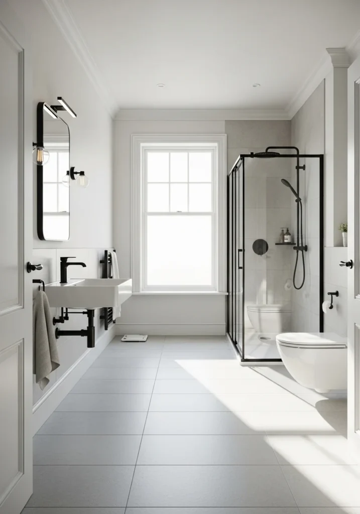 White bathroom with matte black fixtures creating a clean and modern contrast design.
