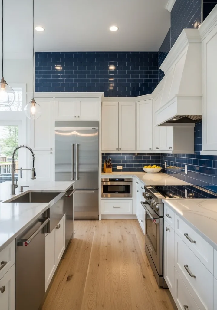 Galley kitchen with a bold blue backsplash contrasting with white cabinets and light countertops