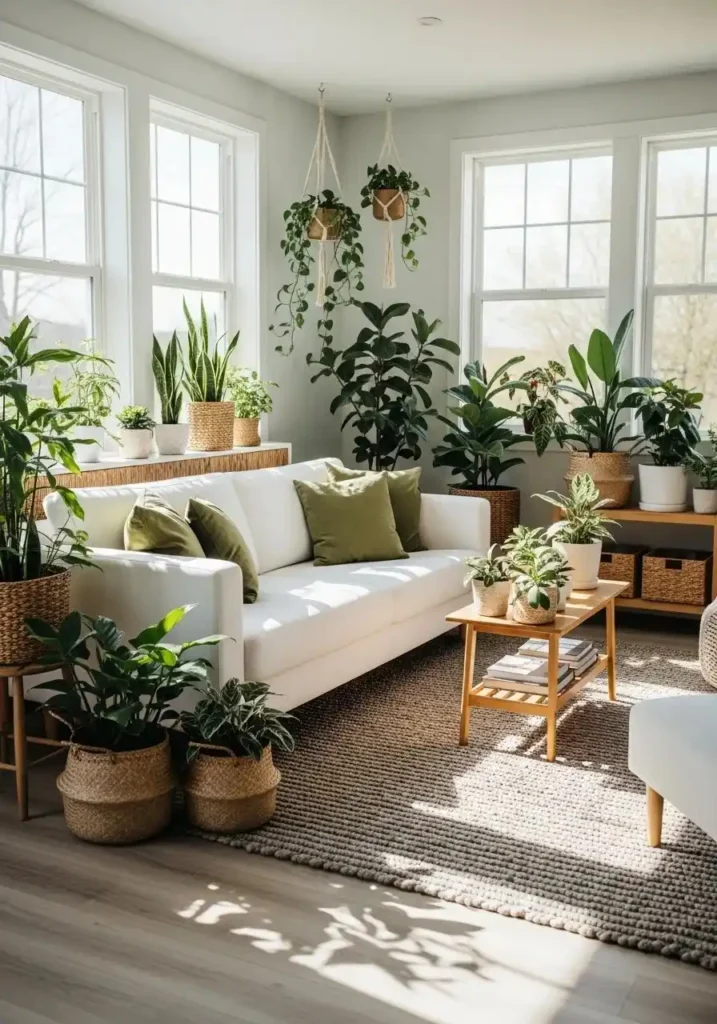 White couch living room with indoor plants and fresh green natural accents