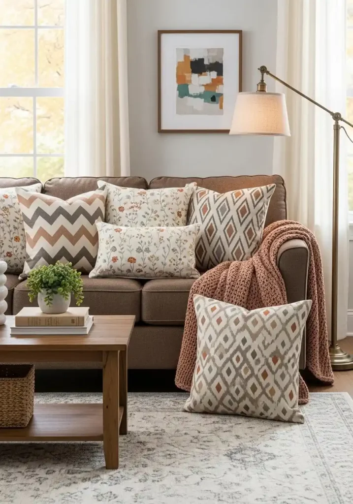 brown couch with patterned throw pillows adding personality