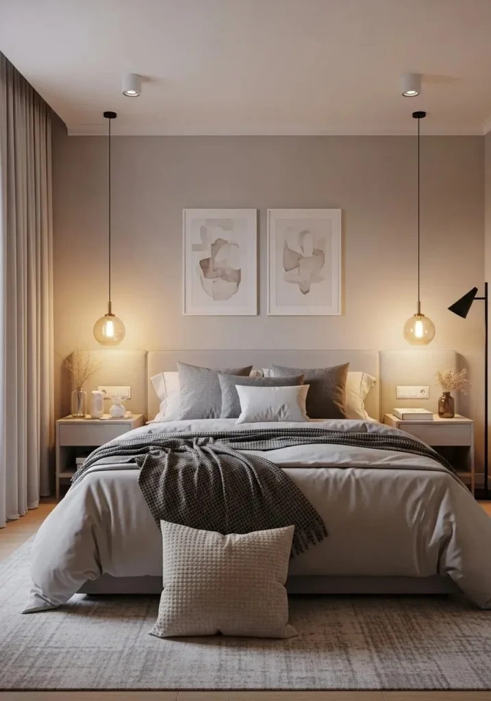 Bedroom with warm pendant lights creating a cozy and stylish look.