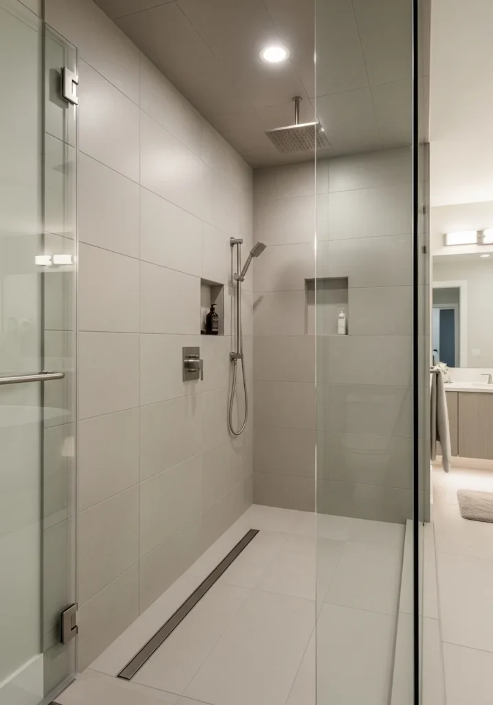 Floor-to-ceiling tiles in shower creating a polished and high-end finish