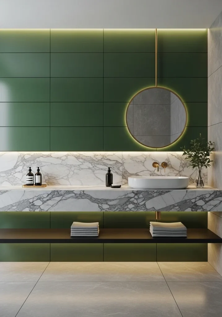 Dark forest green bathroom wall with marble counters and brass fixtures, creating a dramatic and elegant look.