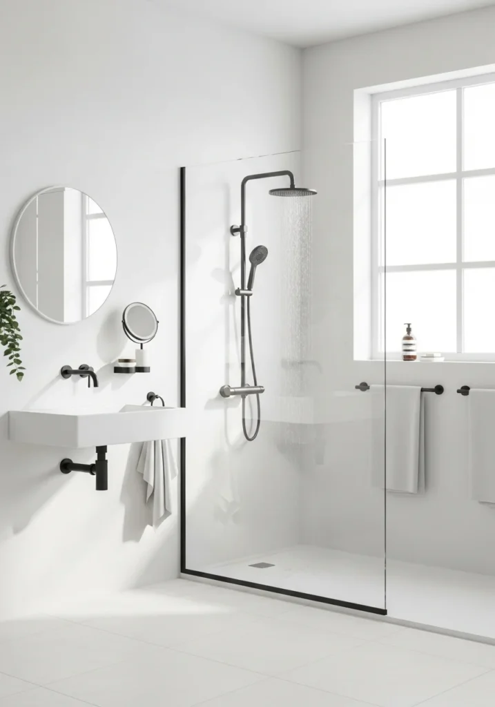 white bathroom with minimal black fixtures creating modern contrast